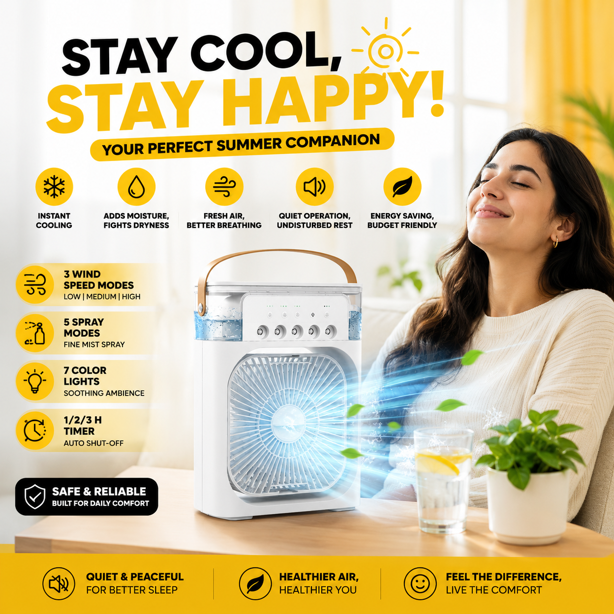 Portable Air Cooler Fan – 3 Speed Mist Cooling Fan with LED Light & Timer